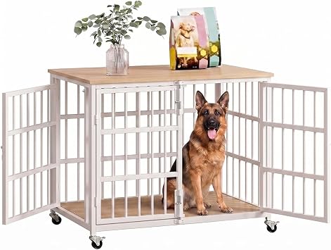 42 Inch Heavy Duty Dog Crate Cage with Wheels, Indestructible and Escape Proof Steel Kennel Indoor for High Anxiety Dogs with Sturdy Locks, Double Door and Tray, Extra Large XL XXL, White