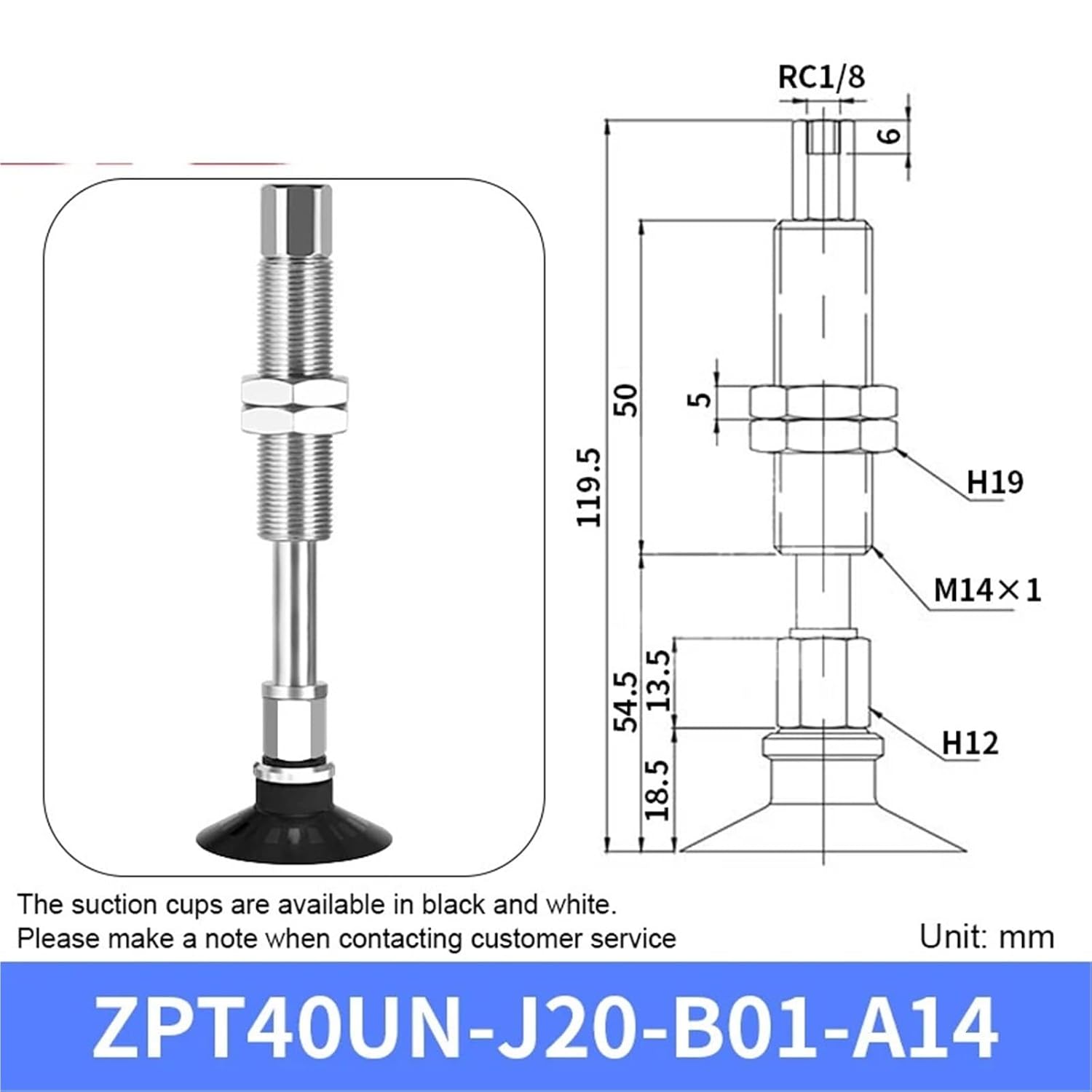 Heavy Duty Vacuum Pad ZPT40/50UN-J/K10/20/30/40/50-B01-A14 Pneumatic Vacuum Suction Cup(ZPT40UN-J20-B01-A14)