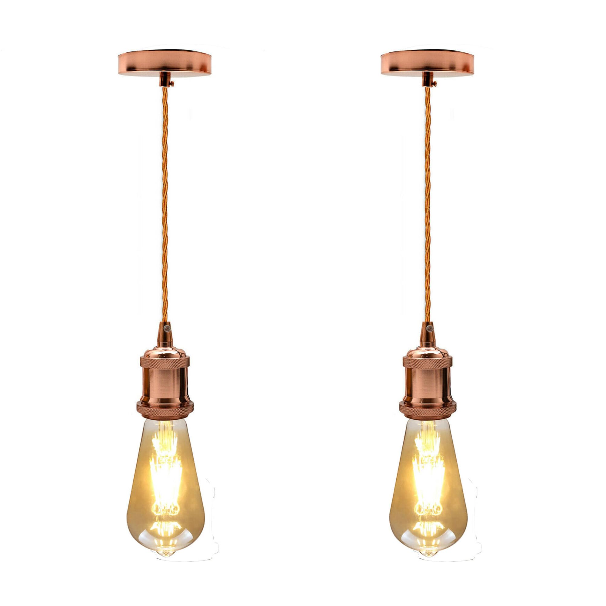 Rose Gold Pendant Light Fitting E27 2 Pack – 2m Adjustable Twisted Cable Ceiling Hanging Lamp Holder for Kitchen Island Dining Room Bar Vintage Industrial Lighting