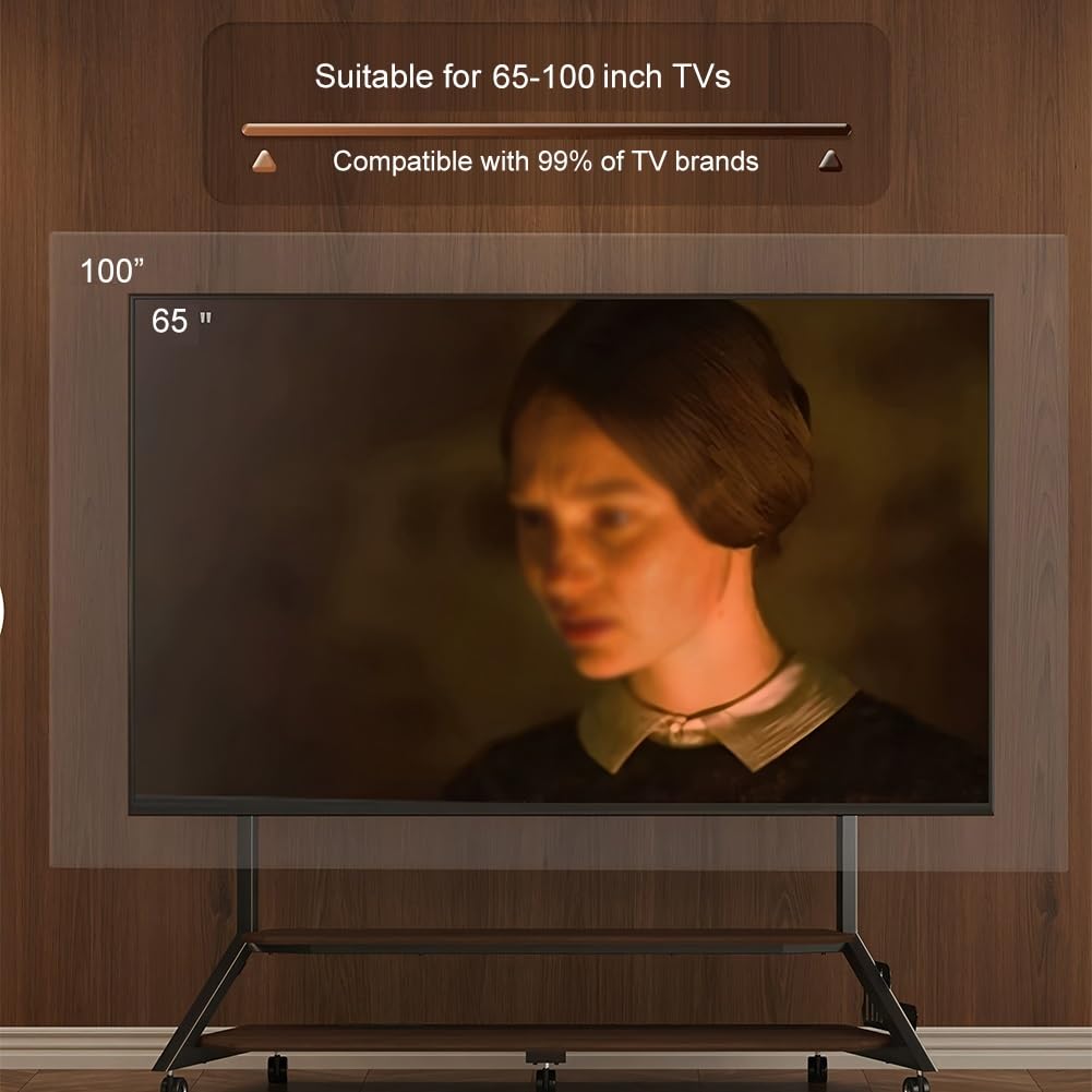 Mobilny Stojak Pod Telewizor Z Kółkami, Mobilny Wózek Pod Telewizor Z 2-Poziomowymi Drewnianymi Półkami, Wytrzymały Przenośny Stojak Pod Telewizor O Przekątnej 60-100 Cali Do Salonu I Sypialni