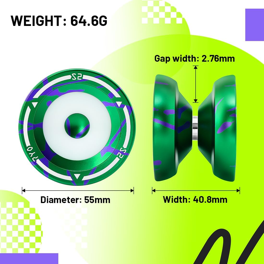 7YO S2 Responsive Yoyo for Kids - Professional Yoyo Dual Purpose Yoyos, Unresponsive Trick Yo yo for Adults with 10 Strings, KK Bearing, Bearing Tools, Axle, Bag - Green Purple