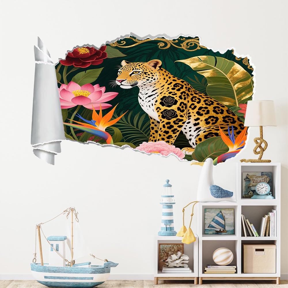 3D Wandtattoo Durchbruch Wanddeko Leoparden Wanddurchbruch sticker Wandbild Wandsticker Lotusblätter Und -Pflanzen Wohnzimmer Wanddeko Wandaufkleber für Kinderzimmer Teenager Zimmer
