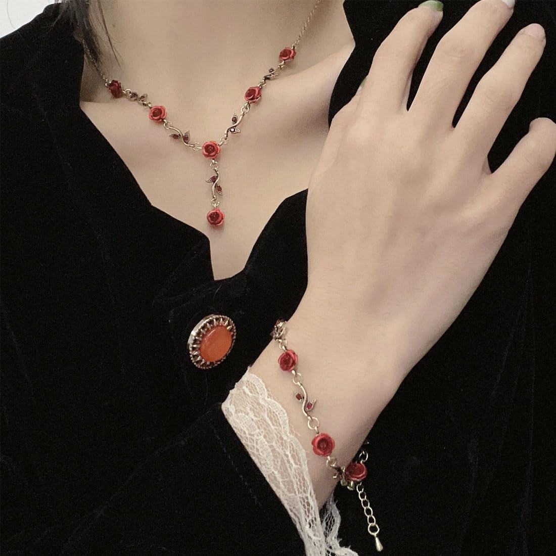 Set Gioielli Con Rose Rosse - Collana, Bracciale E Orecchini In Lega, Stile Vintage Per Donne - Foto 8