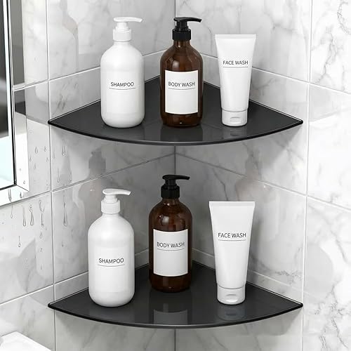 Miniatura 1 de Estante esquinero de vidrio para baño, estantes de ducha, paquete de 2 unidades, color negro, flotante, templado, esquinero para baño, organizador