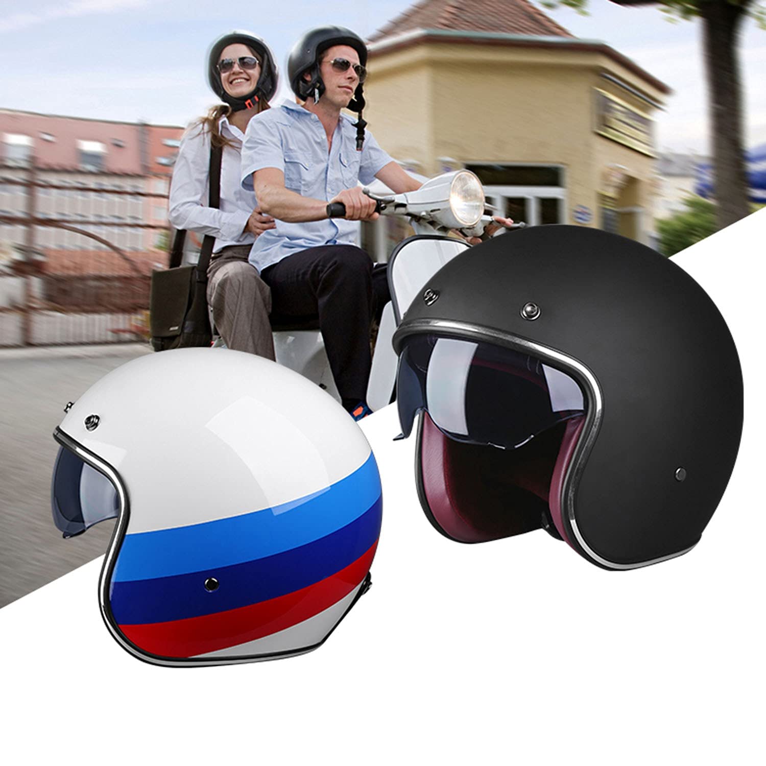 Retro motorfiets jethelm, vintage cruiser open helm, scooter cruiser heren en dames zomer 3/4 open helm DOT/ECE-certificering B, M