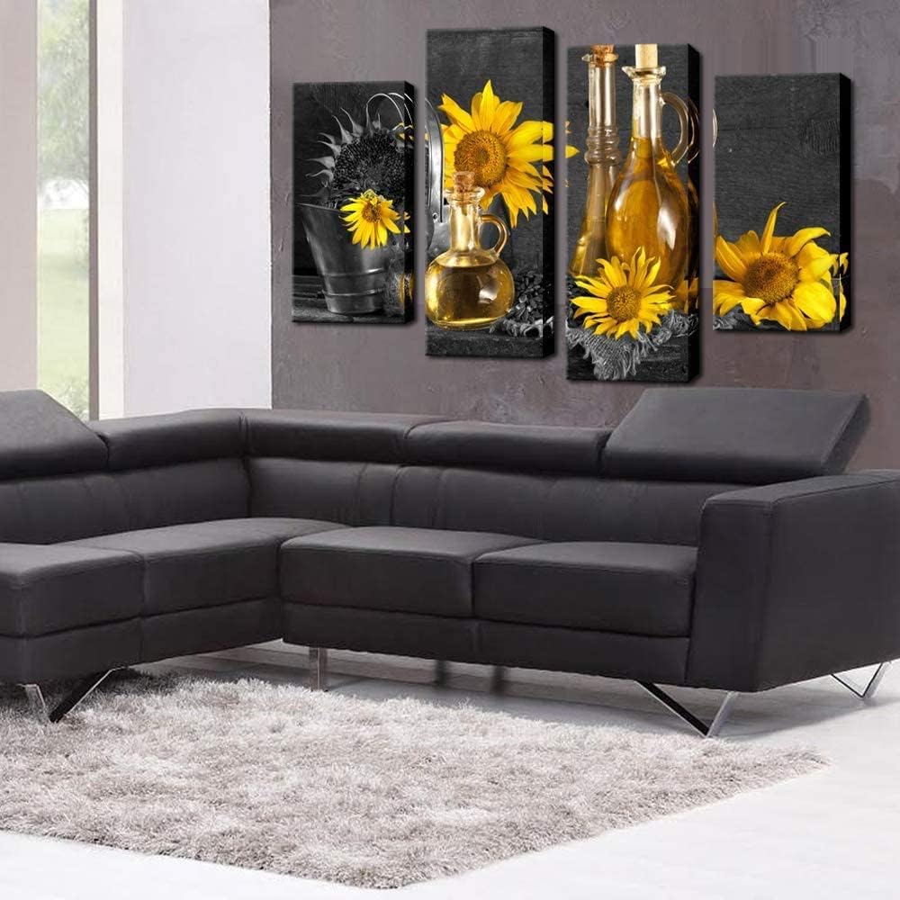 Biuteawal- 4 Panel Black and White Canvas Wall Art Wine with Yellow Sunflower Picture Painting Print Still Life Artwork for Home Dining Room Living Room Wall Decor Framed and Easy Hanging