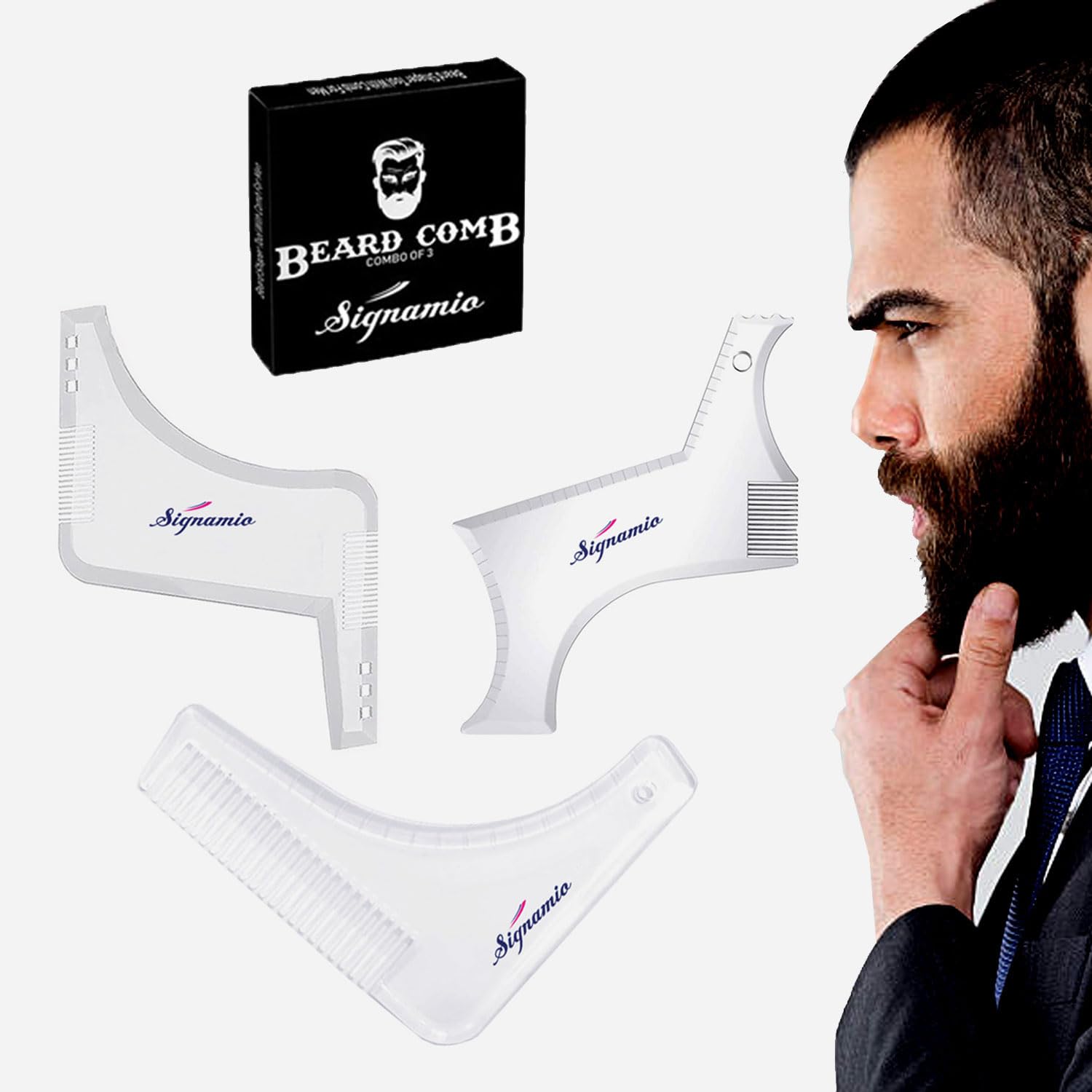 SIGNAMIO Set of 3 Multi Purpose Transparent Beard Shaper tool for Men | Beard Shaping Stencil Comb for men styling shave for neck line guide – Grooming kit