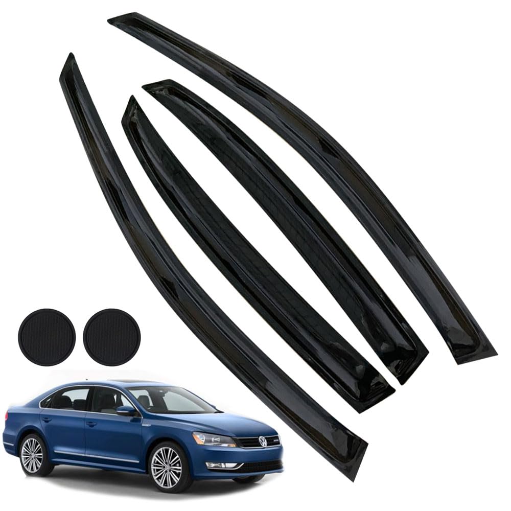 Rain Guards for Volkswagen Passat 2011-2018, Tape-on Side Window Deflectors for Volkswagen Passat, Window Visors for Volkswagen Cars, for Volkswagen Car Accessories 4 Rain Guards ? 2 Car Coasters