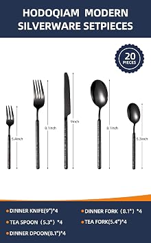 20-Piece Silverware Set, Stainless Steel Flatware Set for 4, Modern Hammered Utensil Tableware Set Include Dinner Knife/Fork/Spoon, Mirror Finish, Dishwasher Safe (20, black)