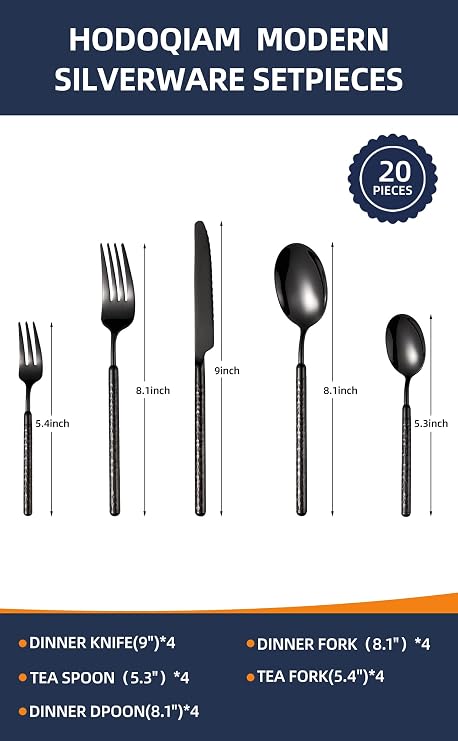 20-Piece Silverware Set, Stainless Steel Flatware Set for 4, Modern Hammered Utensil Tableware Set Include Dinner Knife/Fork/Spoon, Mirror Finish, Dishwasher Safe (20, black)