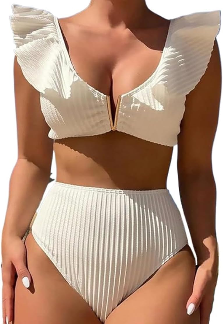 Sexy White Bikinis Set Ruffle Trim Swimming Costume Brazilian Lady Swimwear High Waist Bathers Spring Swimsuit Beachwear