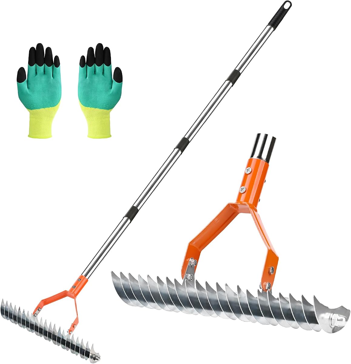 Thatch Rake -15 Inch Dethatcher Rake with Adjustable Handle, Efficient Steel Metal Rakes with Handle,Heavy Duty Thatching Rakes for Lawn,Garden, Yard