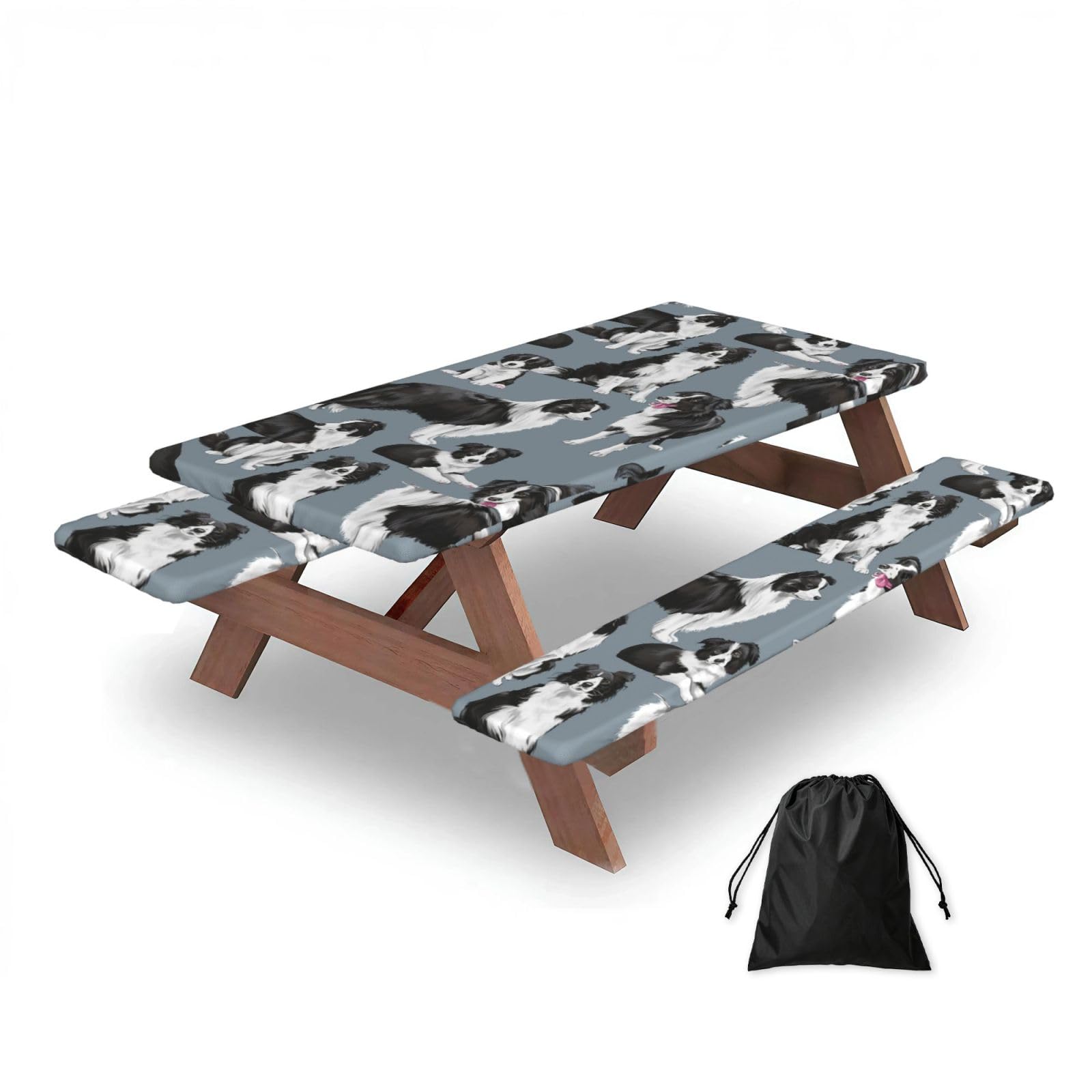 Dopklna As Picture Border Collies Blue, Picnic Table Cover With Bench Covers -Waterproof Elastic Fitted Tablecloth For Garden Camping Patio 76X152cm