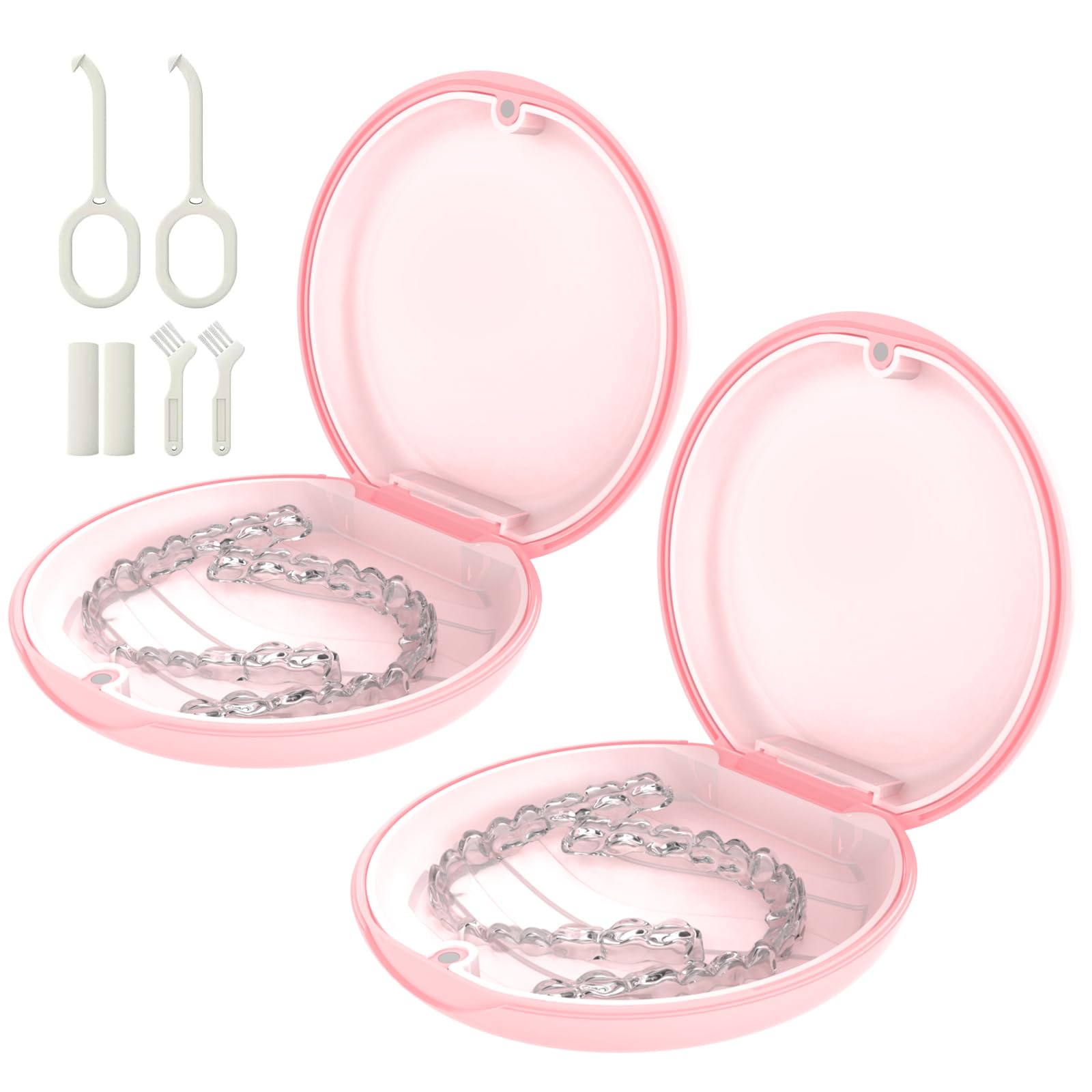 Photo 1 of 2 Pack Retainer Case, Compatible with Invisalign, Slim Aligner Case with Removal Tool, Aligner Seaters & Brush, Pocket Size Secure Magnetic Closure for Travel - Pink & Clear Silicone