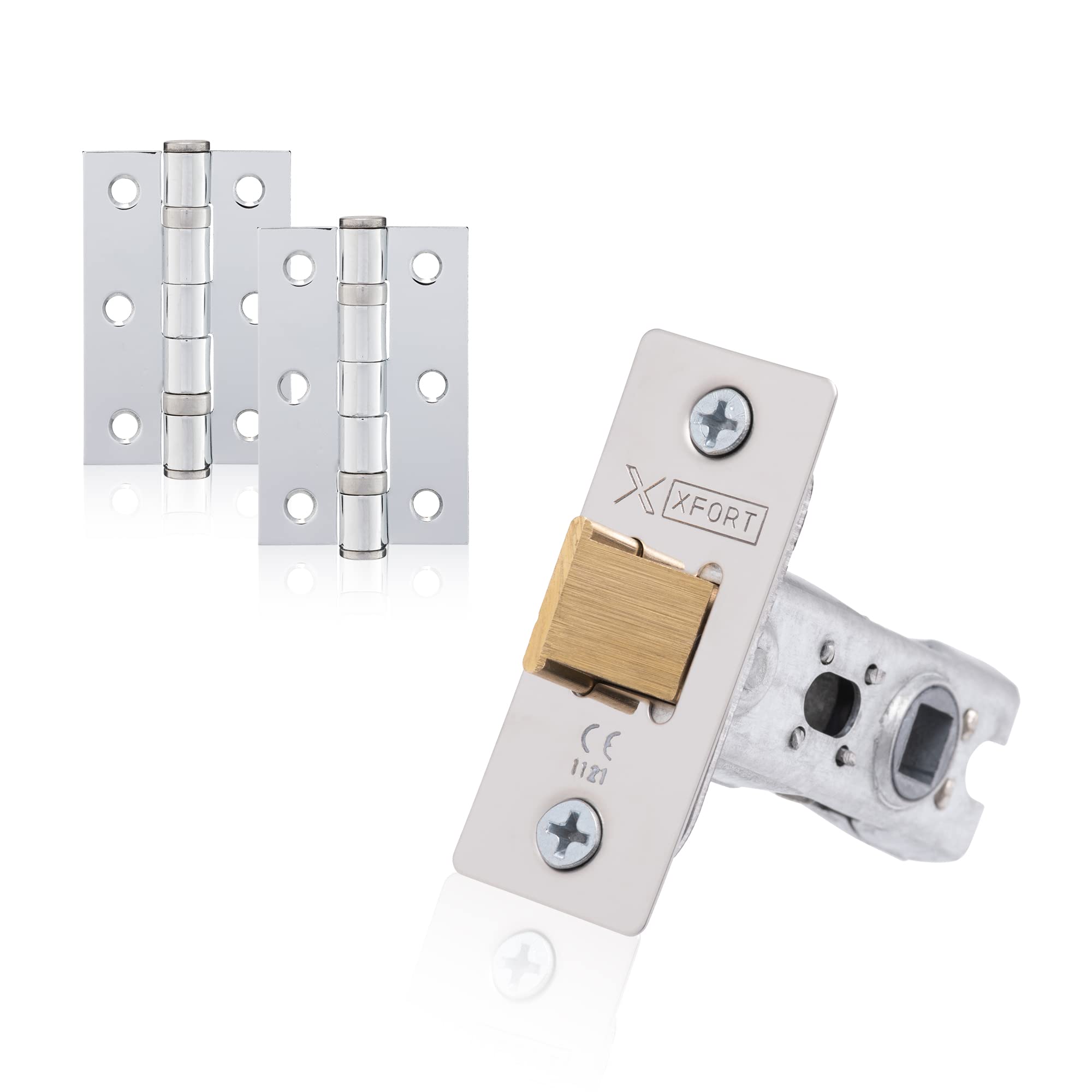Xfort Polished Chrome Tubular Latch Door Accessory Pack, Includes 65Mm Tubular Latch And Matching 75Mm Ball Bearing Hinges, For Internal Wooden Doors.