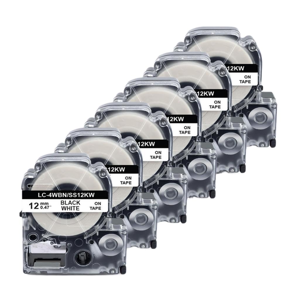 Lot de 4 à 6 rubans d'étiquettes compatibles 12 mm noir sur blanc pour LW-300 LW-400 LW-600P LW-700 et autres étiqueteuses sélectionnées(6PK Black on White)