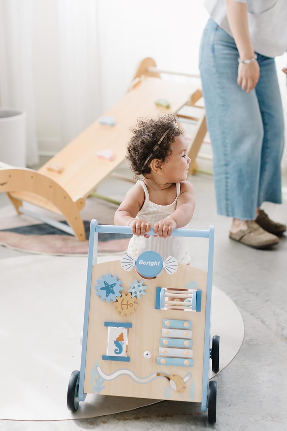 Beright Wooden Baby Walker Push and Pull Learning Activity Walker Kids’ Activity Toy Multiple Activities Center Develops Motor Skills & Stimulates Creativity, Blue