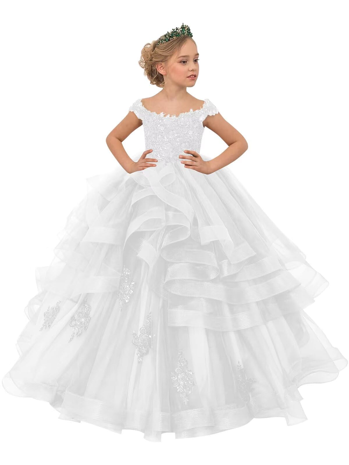 PAVERJER Ruffle Tulle Flower Girl Dresses for Wedding Lace Applique Princess Dress Long Party Gown with Sleeves