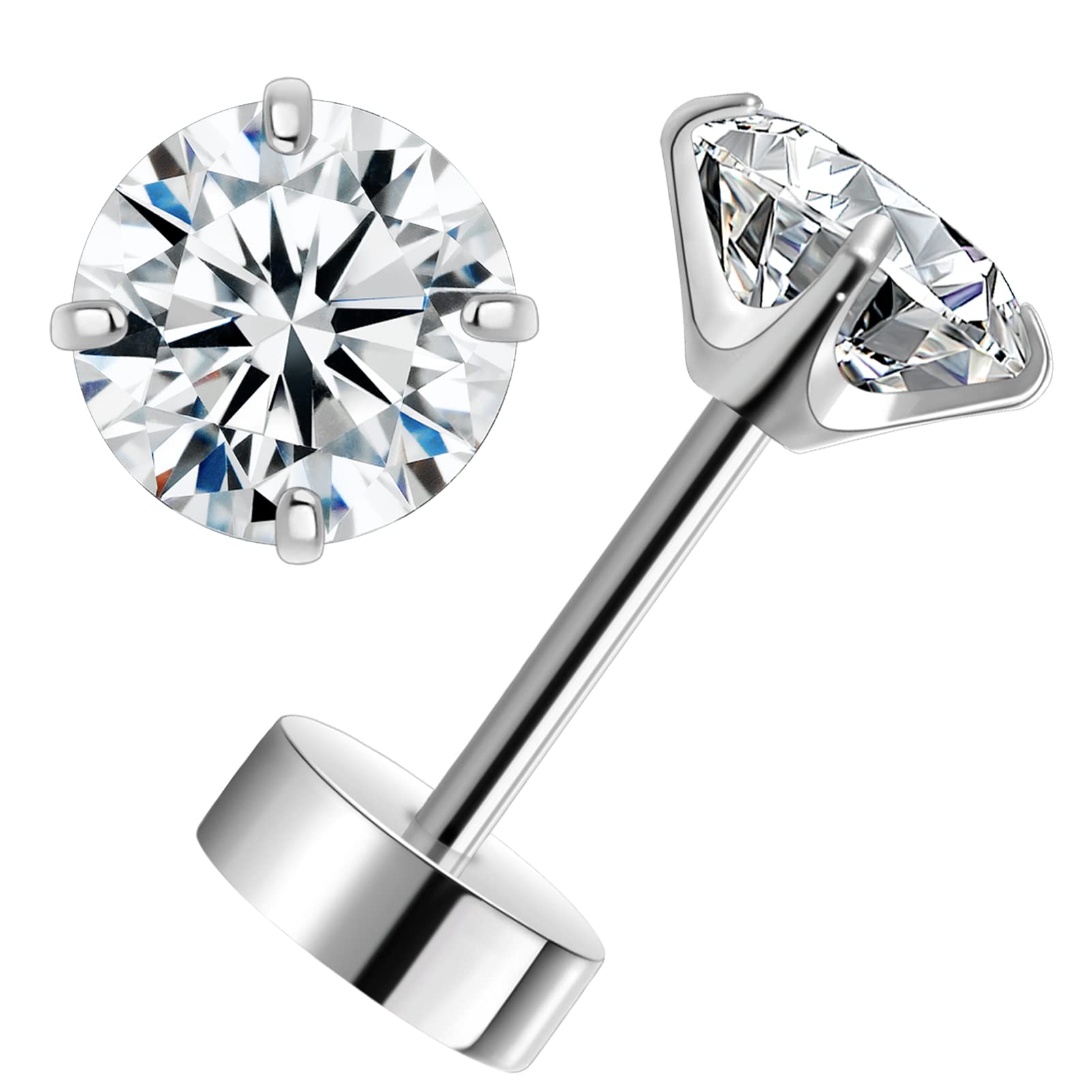 医療用 純チタン ピアス つけっぱなし用 セカンド ファーストピアス メンズ レディース 6mm 最高級AAAAAジルコニア CZ 軸太0.8mm（20g 人気 金属アレルギー対応 透明 バーベル キャッチ 平たい 落ちない 軟骨 シンプル 小さい 両耳セット シルバー プレゼントに最適 ブランド スタッド トラガス ヘリックスランキング J.aey