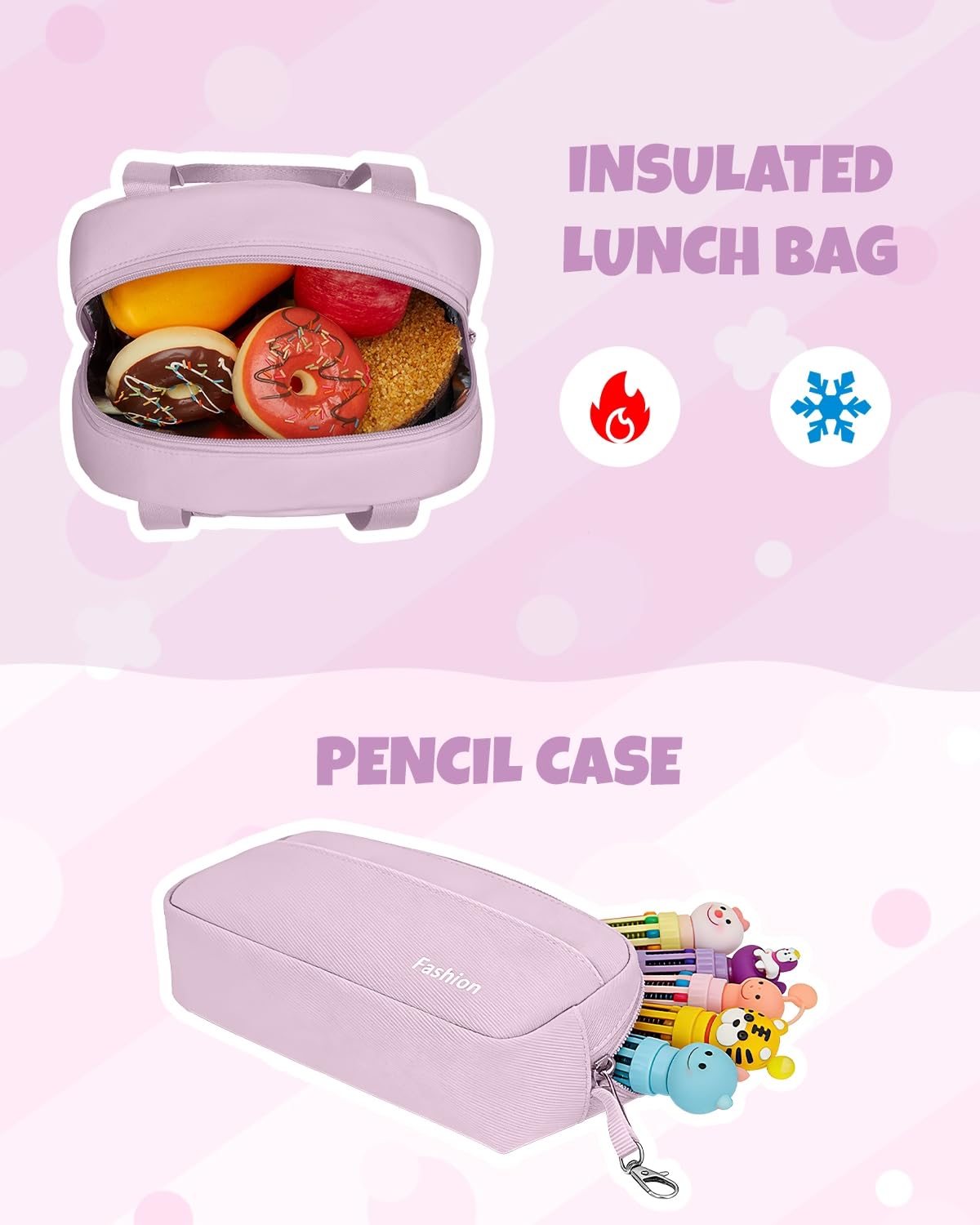 Amythe Zaino Ragazza per Scuola Elementare e Media - Set Zaino Scuola 3 Pezzi per Bambina con Borza Pranzo e Astuccio - Zaini da viaggio Leggero per Bambini 9-16 Anni -Viola