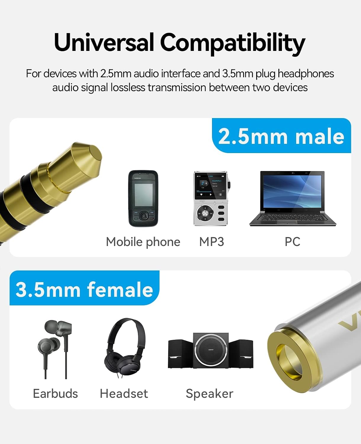 VENTION 2 Pack 2.5mm Male to 3.5mm Female Adapter, 3.5mm Female to 2.5mm Male Audio Adapter Converter Premium Quality Headphone Earphone Headset 3 Ring Jack Stereo or Mono image 3