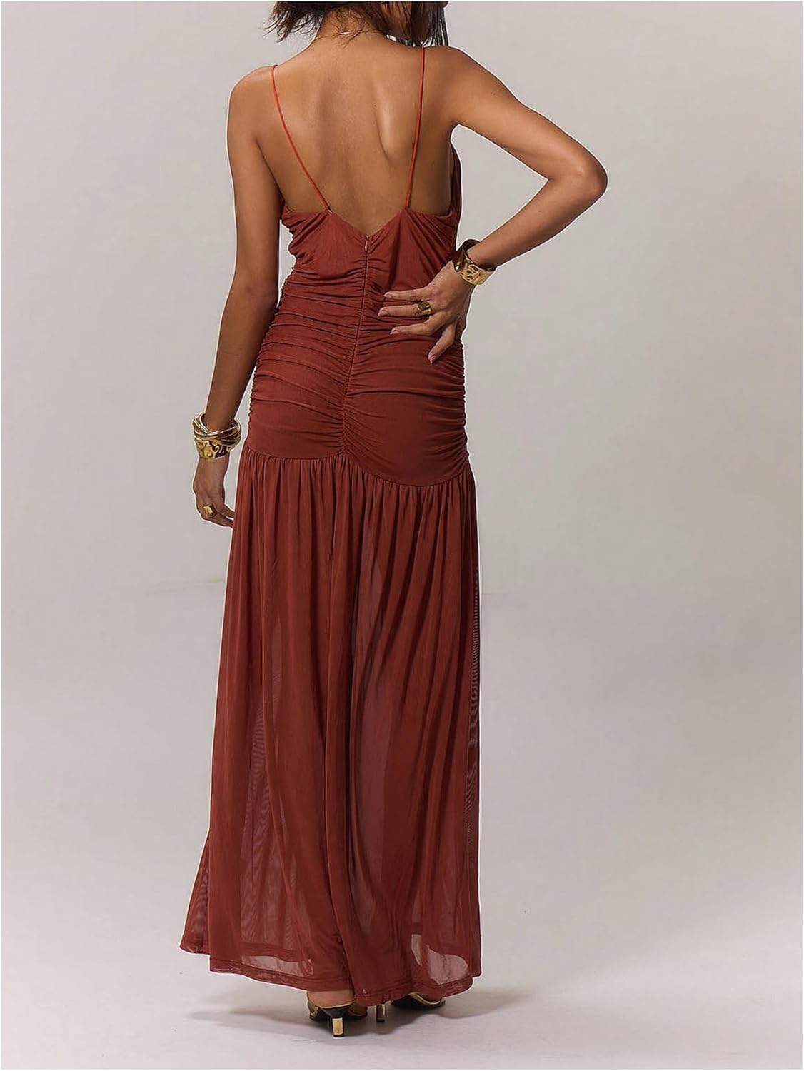 SOLY HUX Women's Maxi Dress Deep V Neck Spaghetti Strap Ruched Bodycon Long Cami Dresses - Image 3