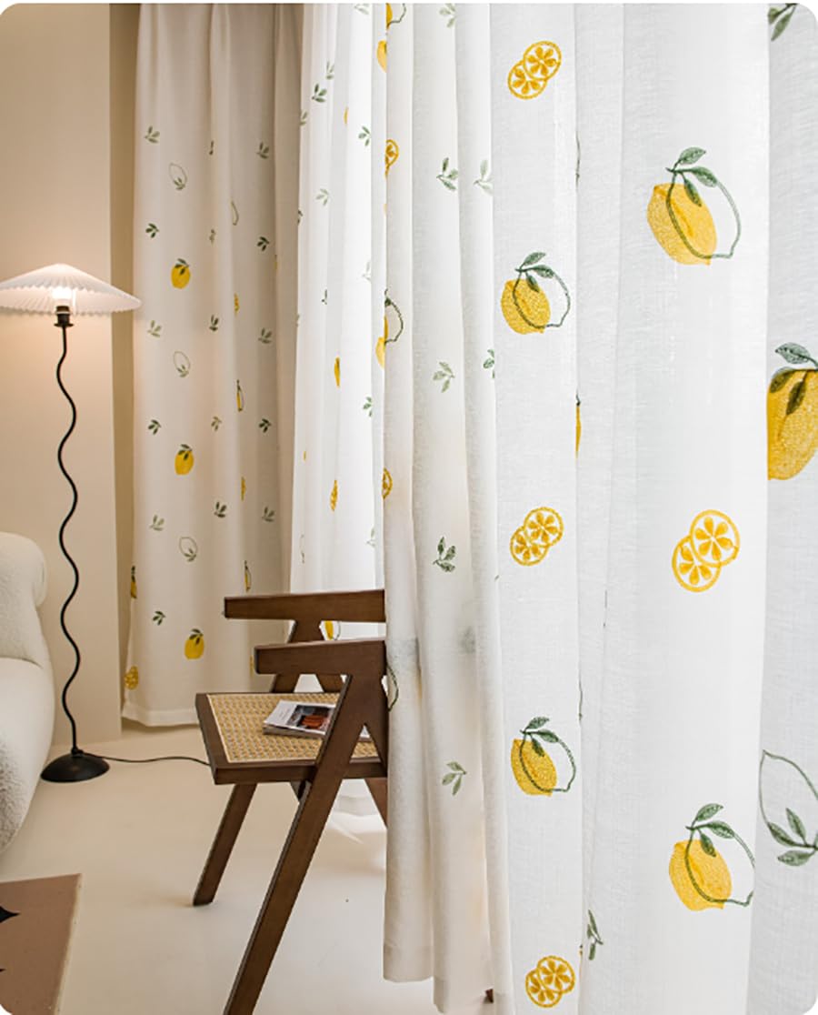 Voilage à Oeillets Lot de 2, Citron Jaune Voile Rideaux Voilage Broderie Voilage Fenetre Design Moderne pour Chambre Décor pour Salon Chambre Bureau 140x240cm(Largeur/Haut)