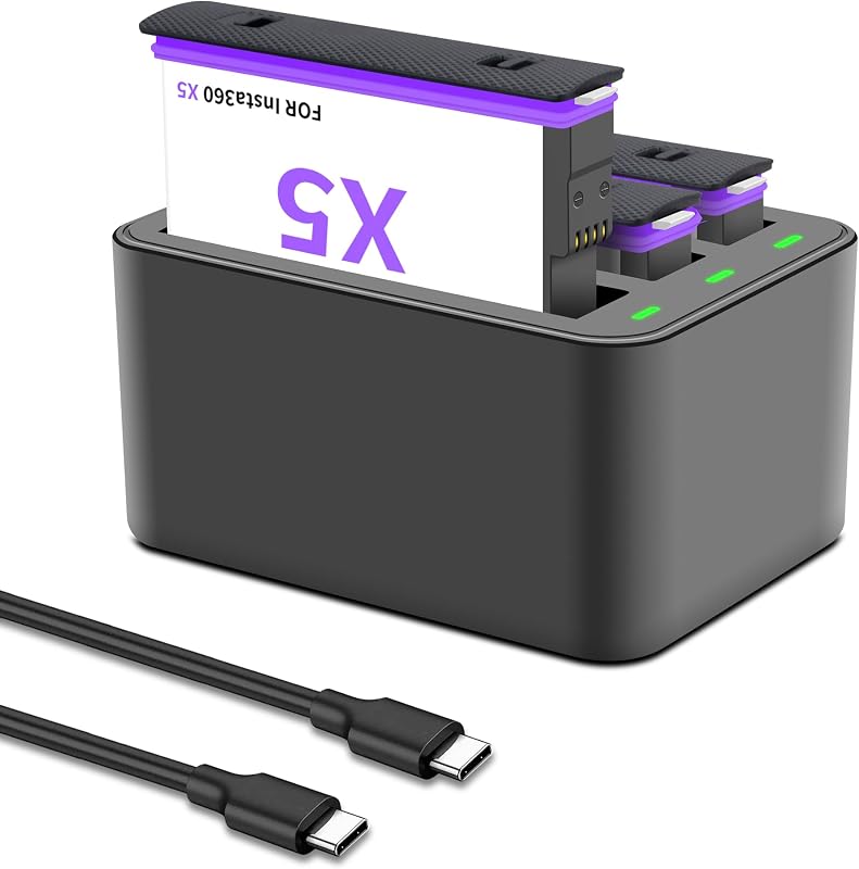 Cargador de batería 360 X5 3 paquetes de baterías de 2800 mAh, concentrador de cargador de 3 canales | Caja totalmente Compatible con cámara de acción Insta360 X5 con estuche de batería, puede almacenar tarjeta SD Misro y Cable de carga