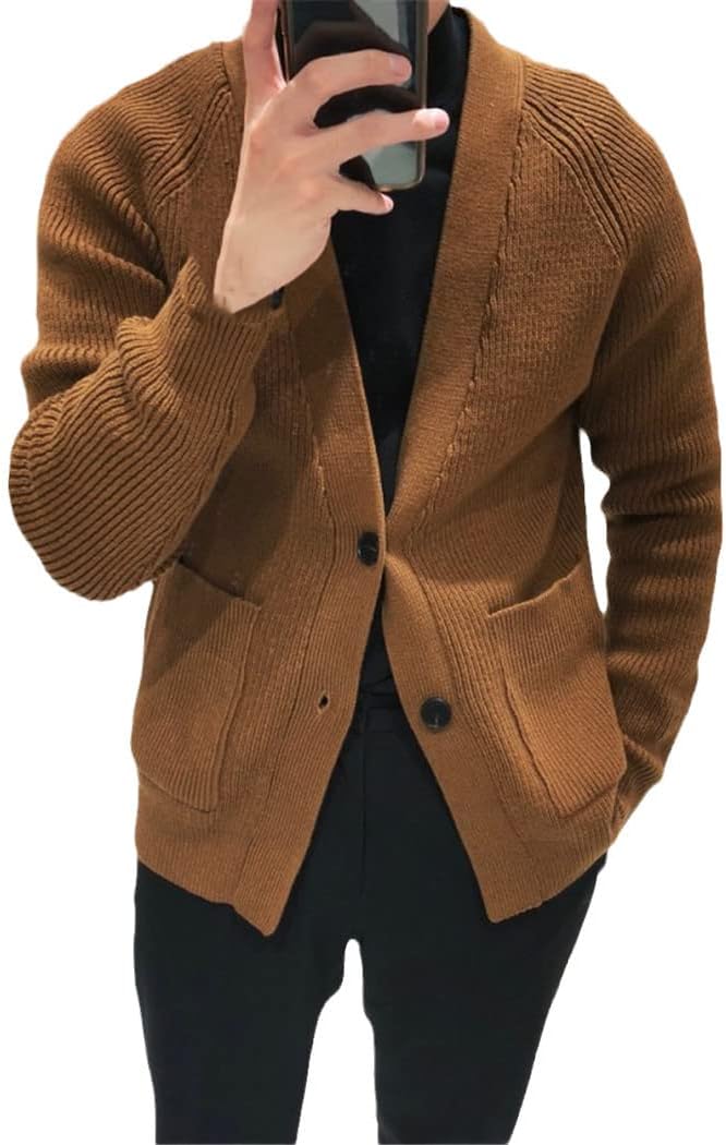 KEHAIOO Winter Knit Cardigan Sweater Mens Business Casual Sweatercoat Solid V-Neck Single Breasted Pocket Sweaters