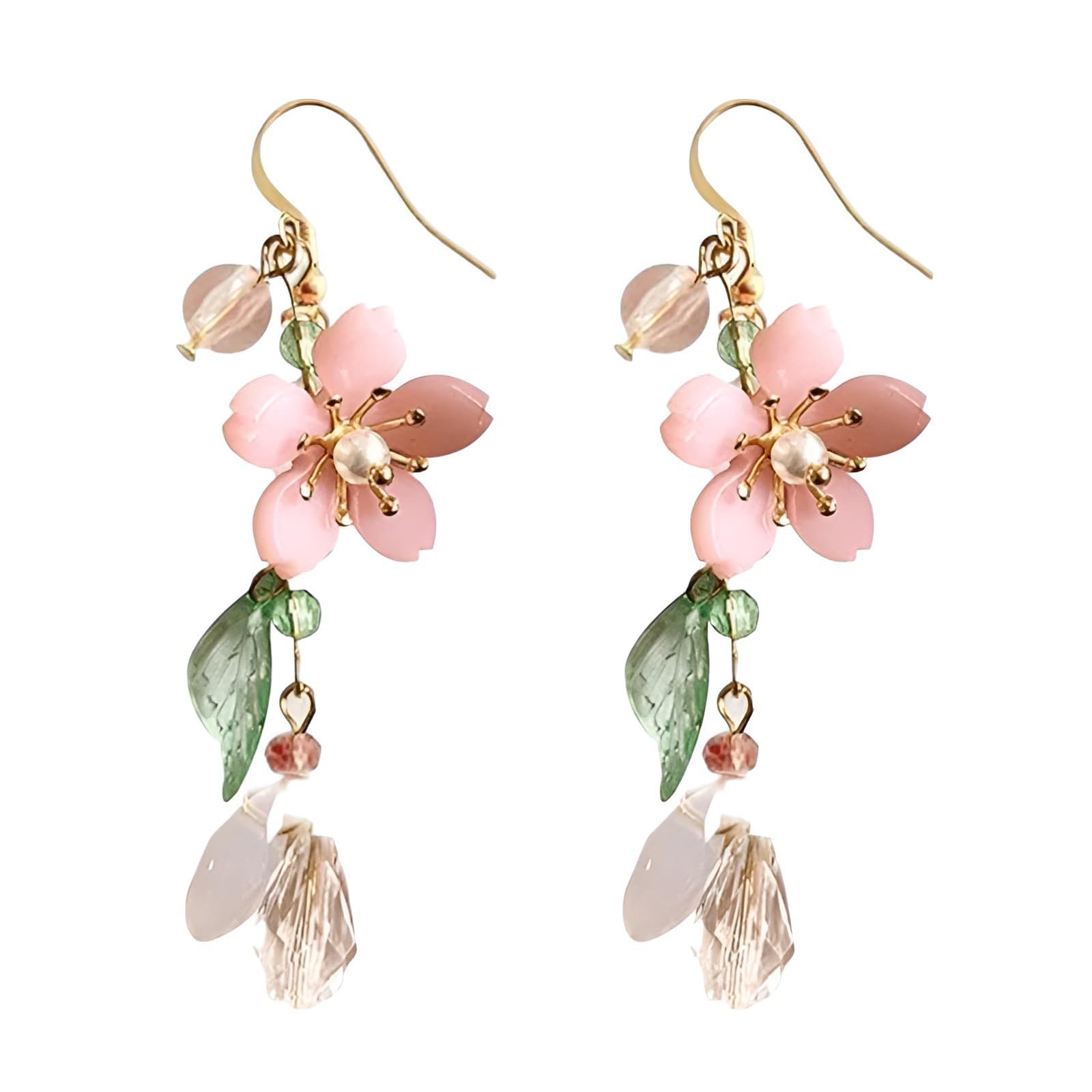 Cute Pink Flower Dangle Drop Earrings for Women Girls Acrylic Sakura Leaf Earrings Summer Beach Long Tassel Earrings Holiday Jewelry