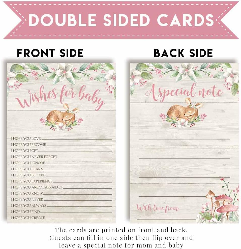 Amanda Creation Little Deer Woodland Girl Baby Wishes Cards 20, 4"x6" - Great Keepsake and Fun Activity for Baby Showers - Wishes for Baby Keepsakes Last Generations - Fill-In, Double-Sided Cards