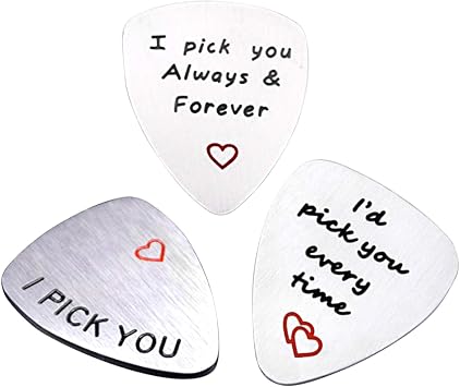 3 PACK Guitar Picks with "I pick you",#34;id pick you every time",#34;i pick you always and forever" coin