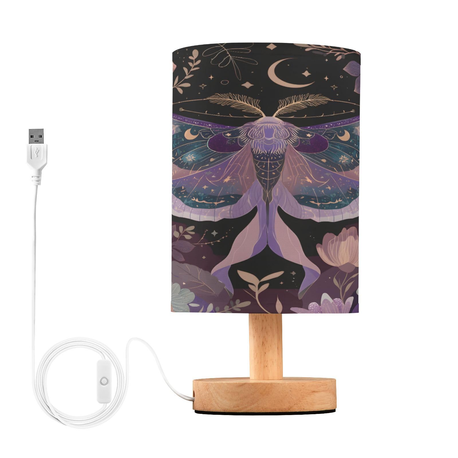 Mnsruu Bedside Table Lamp Mauve Moon Moths Boho Bedside Lamps LED Light Desk Lamp Fabric Shade Small Lamp for Bedroom Living Room (Bulb Included)