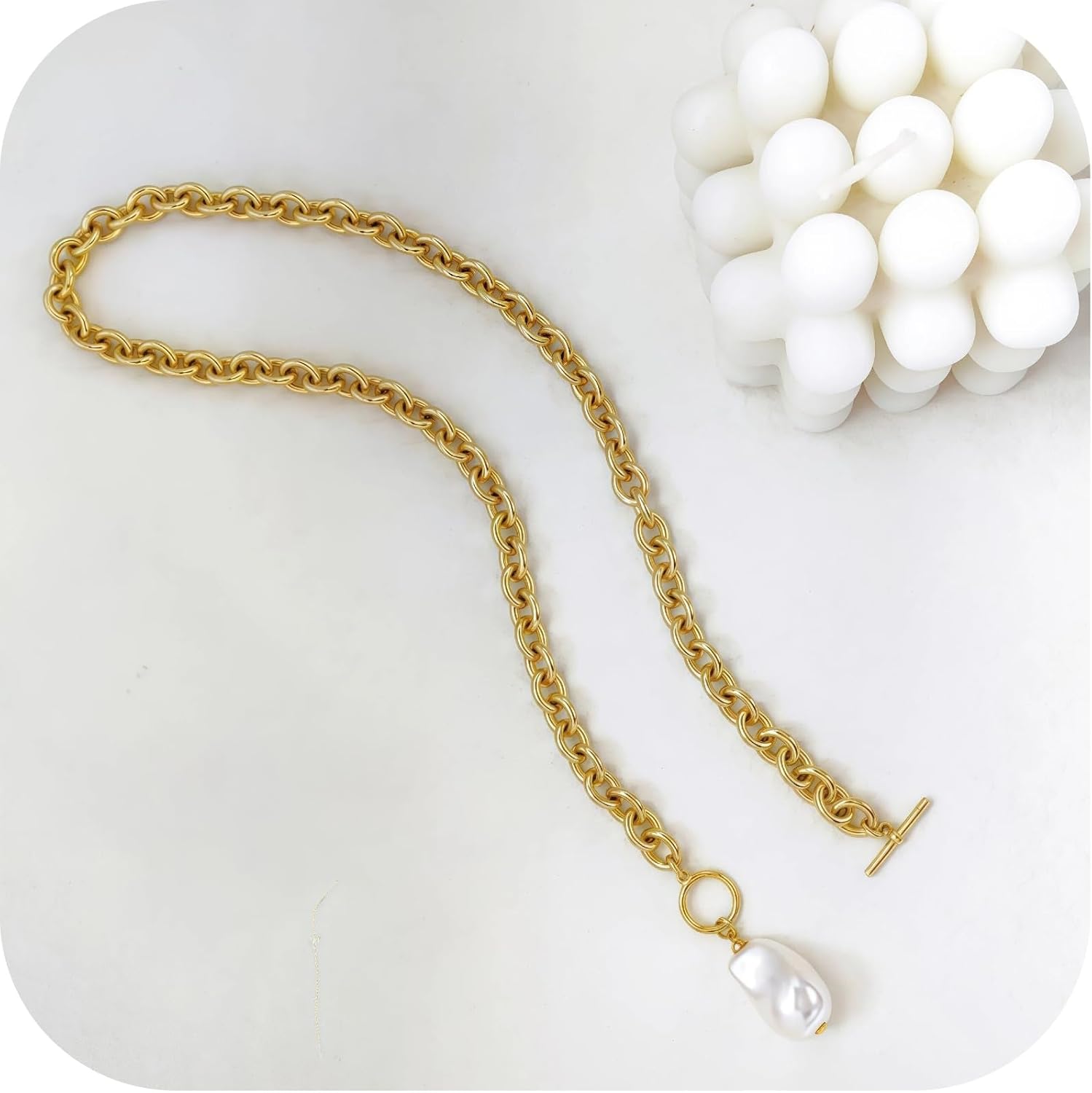 Baroque Pearl Pendant Necklace for Women, Gold Cross Necklace, Non-Tarnish Chunky Statement Paperclip Chain, Long Layered Heart Pearl Necklaces for Women Trendy - Image 3
