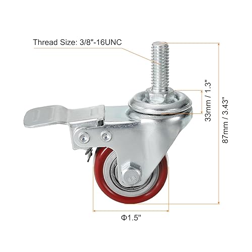Miniatura 2 de uxcell Ruedas giratorias de vástago roscado de 1.5 pulgadas, rueda de poliuretano de rosca de 38 "-16UNC con freno de carga de 88 libras para
