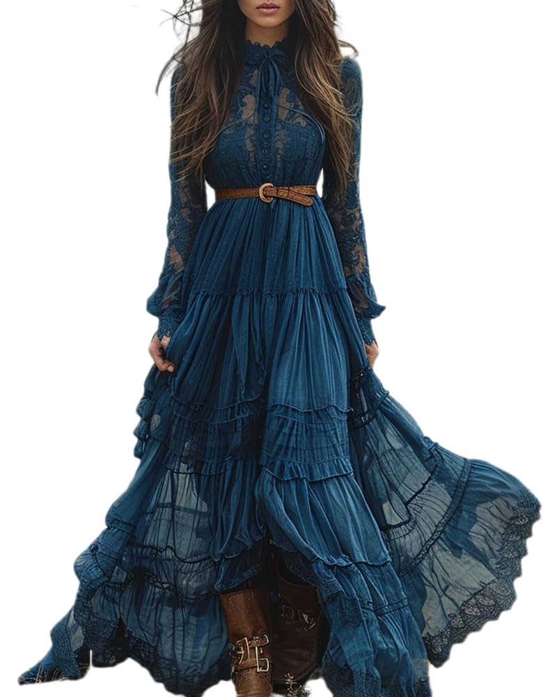 Damen Lange Boho Vintage rustikalen Stil V-Ausschnitt Maxi Kleid mit Blumenmuster lässige Frühjahr Sommer Lange Ärmel Western Country Kleider