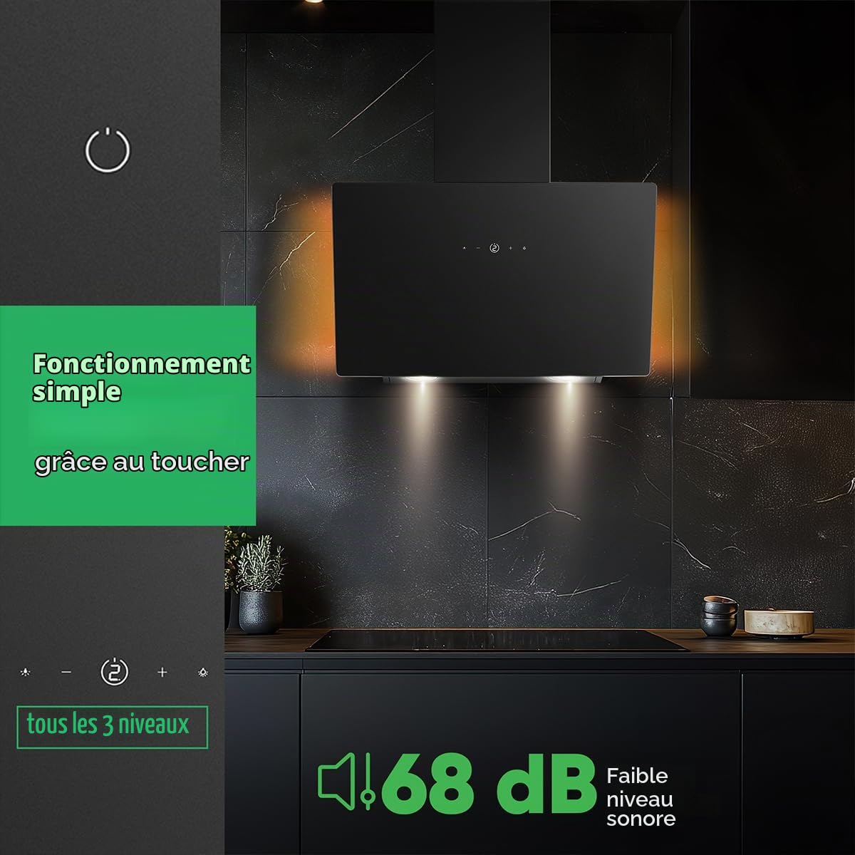 Bomann, Hotte Inclinée à LED Noir DU7611-G, 60 cm, Système de Ventilation Périphérique, Débit d'Air 578 m³/h, Commande Tactile avec Écran et Éclairage LEDBlanc Chaud, Filtre à Graisse Lavable