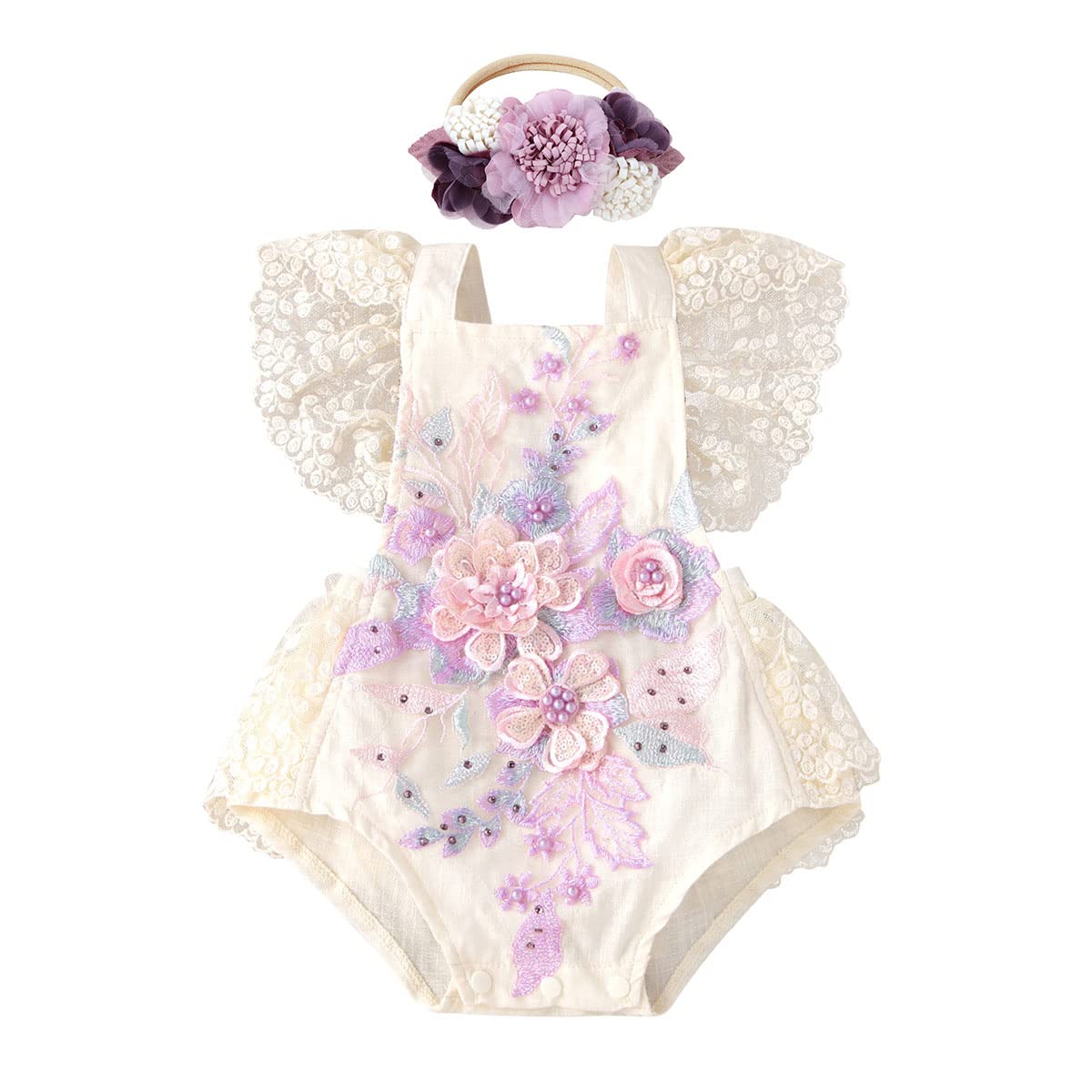 ODASDO Baby Girl Lace Romper Delicate Embroidery Backless Bodysuit with Flower Headband 2pcs Cake Smash Outfit…