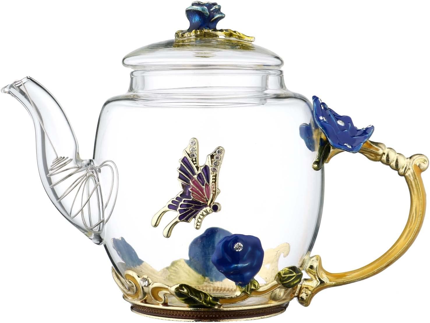 Laple Mini Durable Floral Glass 10oz Teapot with Gold Leaves Edge Colourful Flower Pattern Floral Vintage Teapot Tea Party Set(Blue)