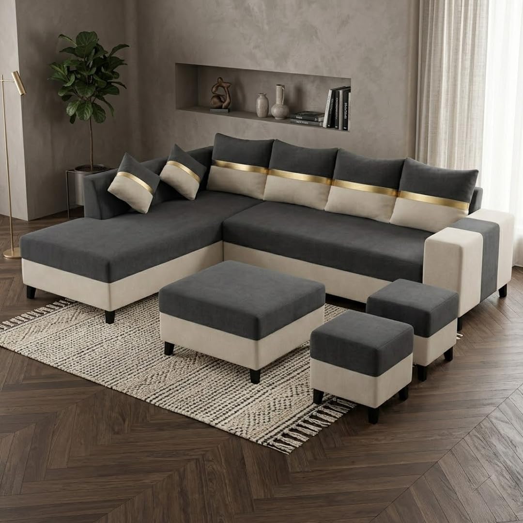 World Wooden Factor Velvet-Suede Fabric 8 Seater LHS Sofa Set (Dark Gray - Cream) | with 2 Ottomans & Centre Table | Comfortable & Spacious Seating | Modern Sofa Set for Living Room-image-48