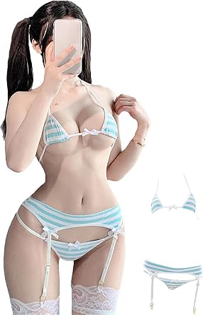 Womens Kawaii Anime Lingerie Set - Micro Bra & G-string Panty with Garter Belt