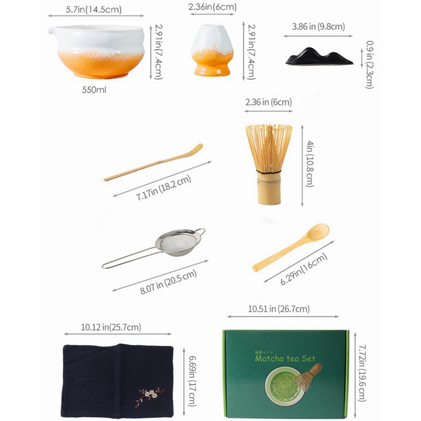 Juego de 8 batidores de matcha con caja de regalo verde intenso, juego de kit tradicional de ceremonia de té japonés, juego de cuencos de cerámica esmaltada para cambiar el horno, juego de cuencos de