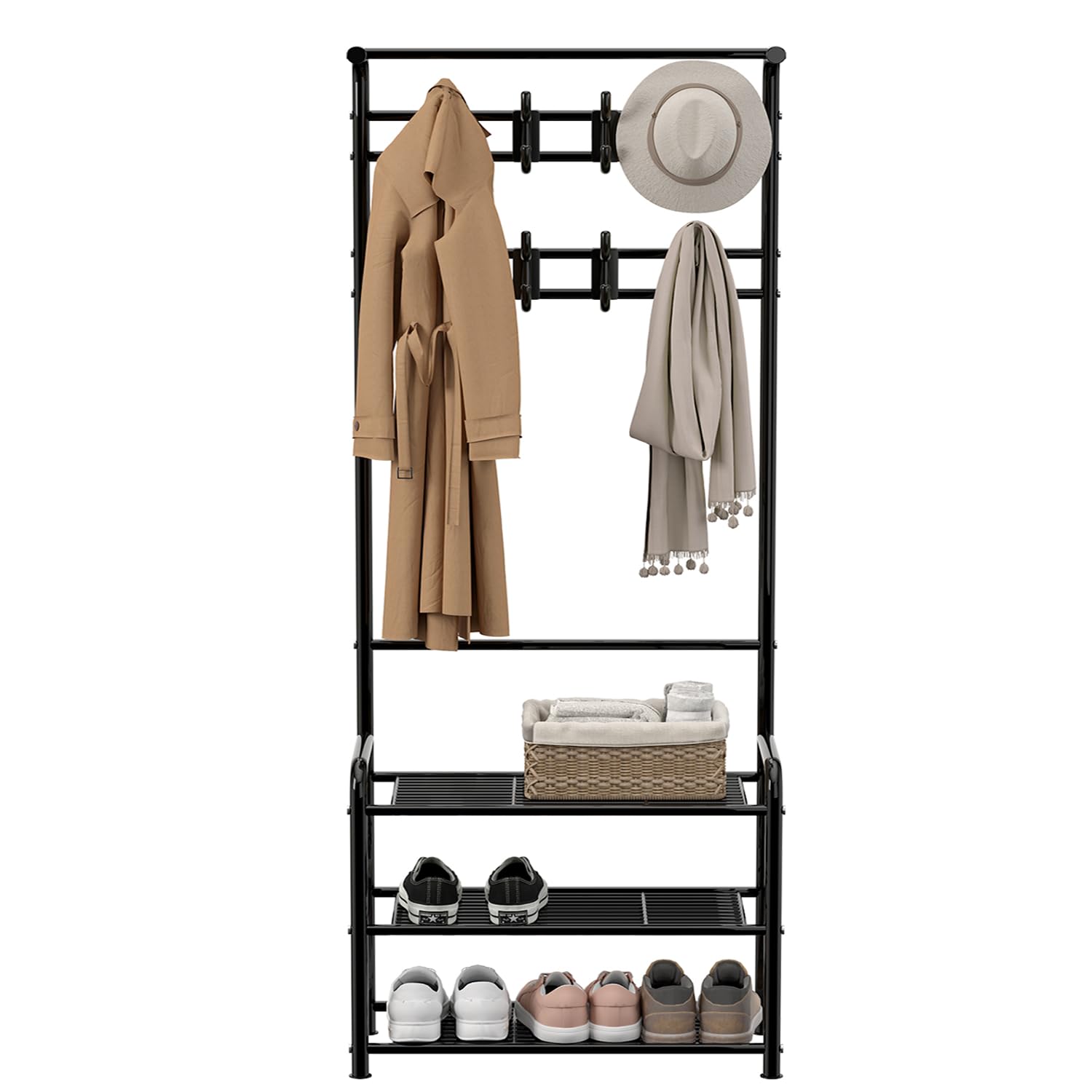 Innotic Porte-Manteau 3-en-1 pour Entrée, Meuble avec 3 Étagères à Chaussures et 16 Crochets, 182cm sur Pieds en Acier, Vestiaire pour Couloir, Noir
