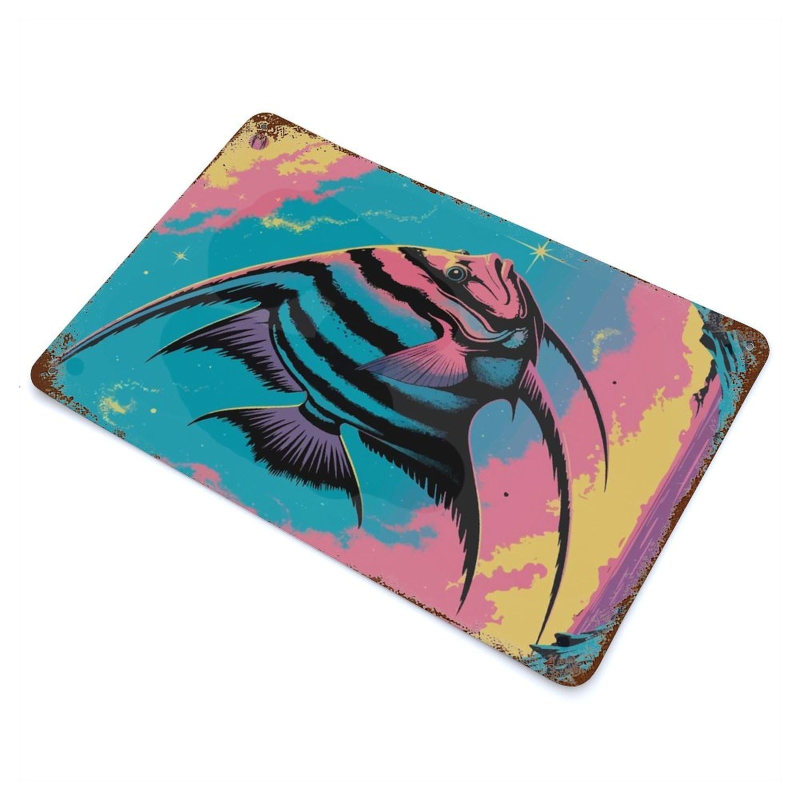 Psychedelic Angelfish in Space Aged Metal Wall Plaque 11.8"x7.9", Old School Wall Decor for Garage, Bar And Workshop Decor