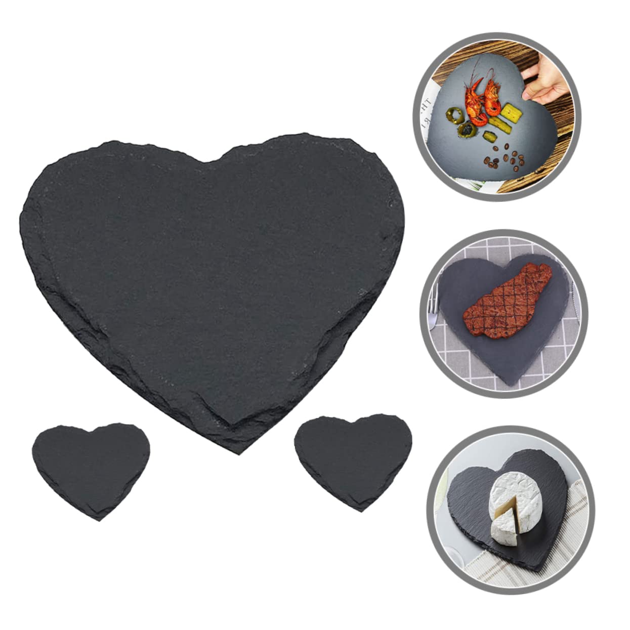 SECFOU Plato de Pizarra en Forma de Corazón Negro 4 Pulgadas, 3 Piezas | Piedra Natural, Estilo Europeo Rústico, para Hotel y Restaurante Occidental