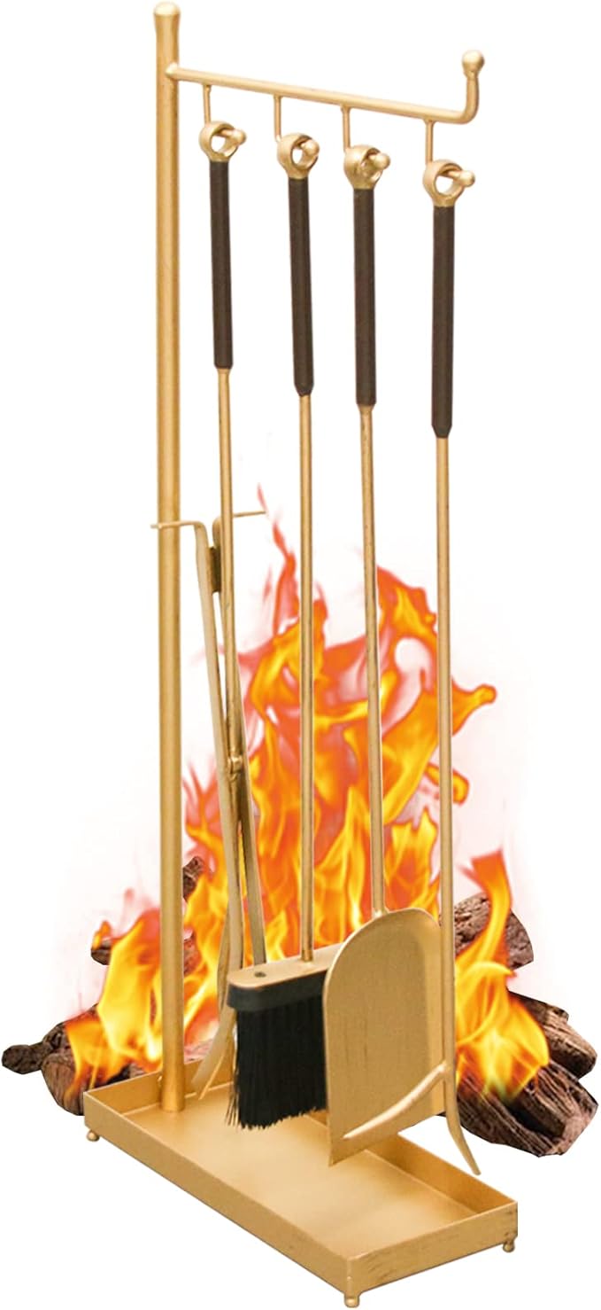 5PCS Gold Fireplace Fire Pit Tools, Wrought Iron Fire Place