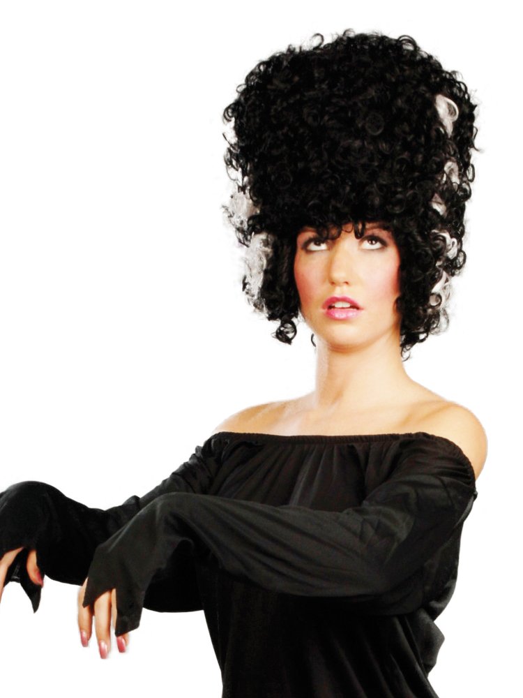 Bride of Frankenstein Wig – Tall Black Curly Monster Mrs Frankenstien Hairpiece with White Streaks for Women’s Halloween & Cosplay with MaxWigs Care Guide