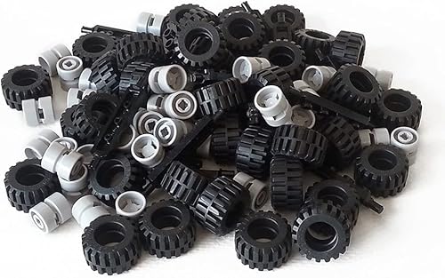 LEGO City - Lote completo de montaje de ruedas, 20 ejes negros, 40 neumáticos de goma negra, 40 ruedas gris claro