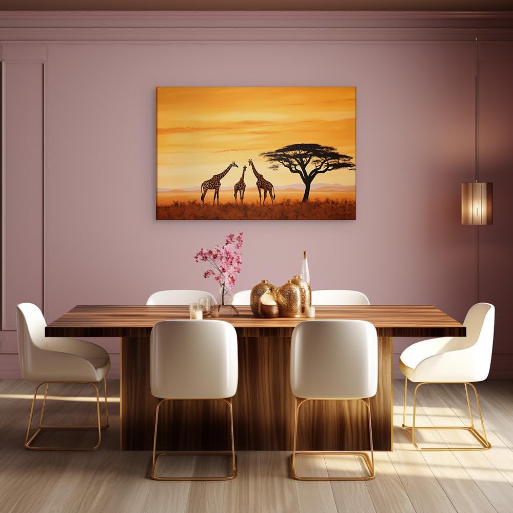 Canvas for Living room. Giraffes and Glowing Skies in the African Savannah Sunset Serenity, 27 x 18 inch Canvas Wall Art - Ready to Hang