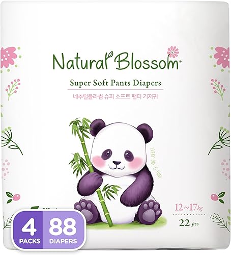 Natural Blossom Pañales para bebé Ultradelgados, hipoalergénicos, súper suaves, veganos, talla 5 (3T-4T, 26-37 libras) 88 unidades